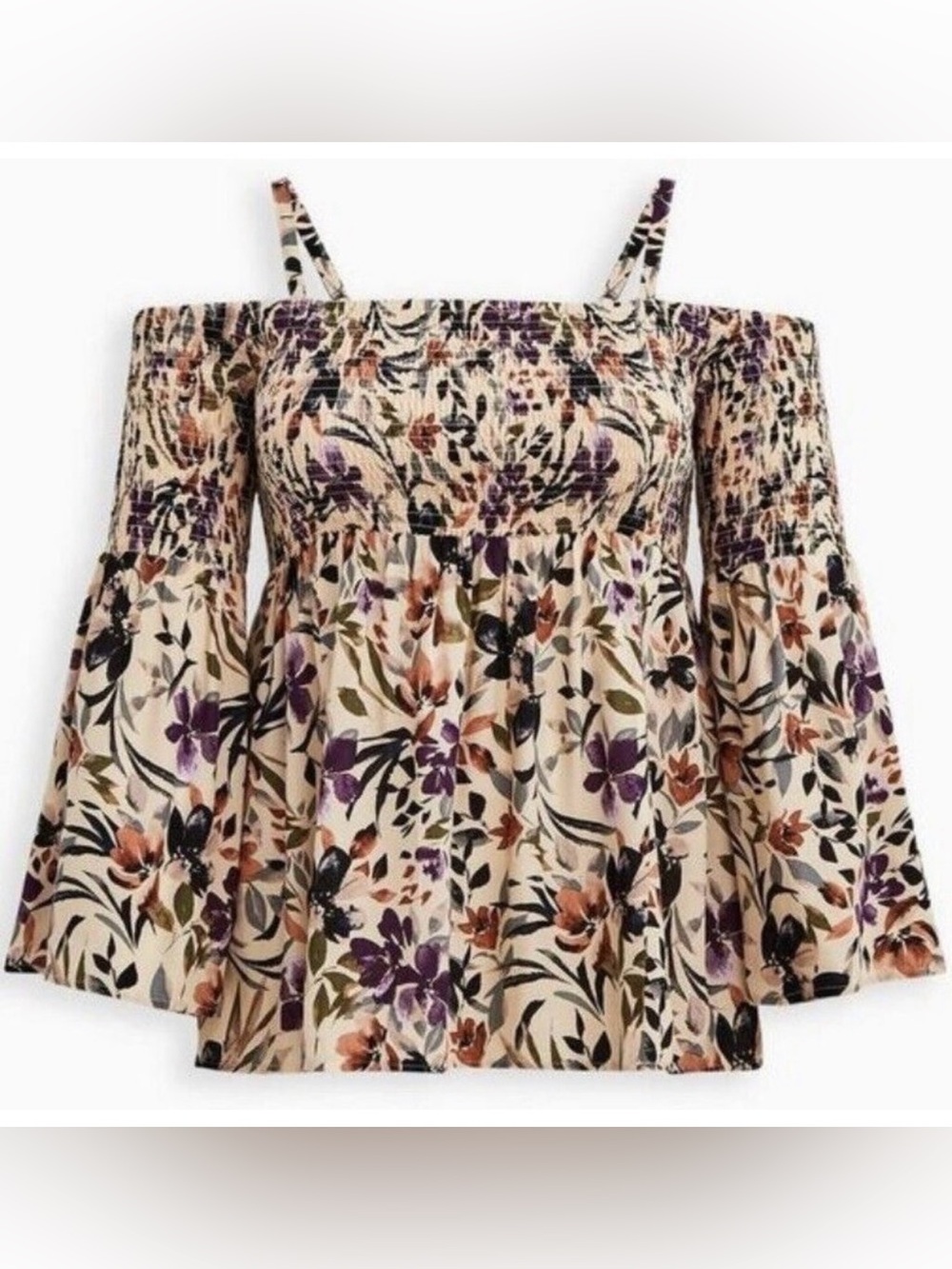 x611 Torrid Cold Shoulder Long Sleeve Smocked Challis Blouse Purple Multi Floral